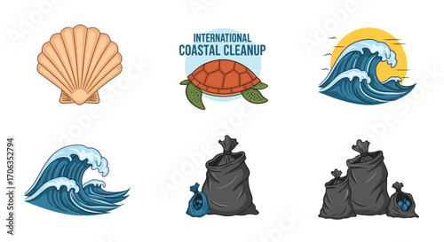 Protect our oceans: Turtle waves shell and trash bags highlight coastal cleanup efforts and marine life conservation, Generative AI.