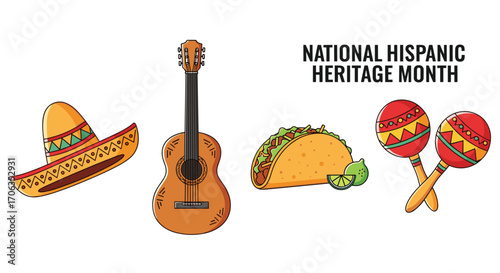 Celebrate vibrant Hispanic Heritage Month with iconic sombrero guitar taco and maracas symbols, Generative AI.