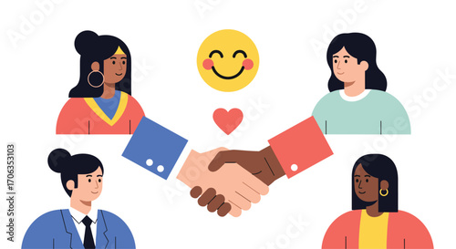 Diverse hands shake in agreement fostering collaboration happiness and trust with a smiling emoji above, Generative AI.