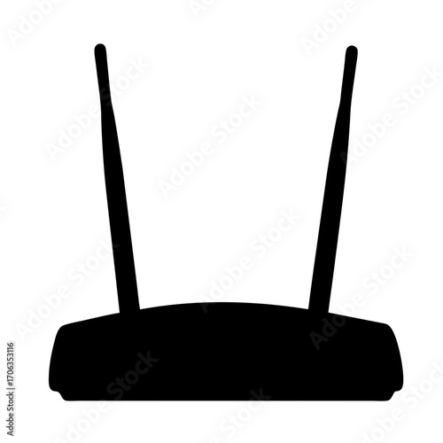 Black silhouette of a modern wireless router with two antennas on white backdrop