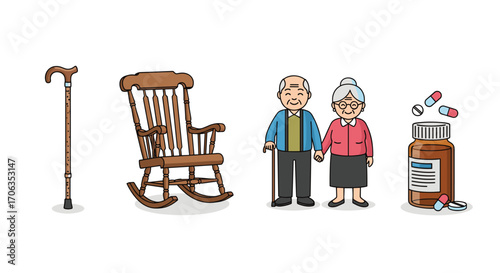 Happy elderly couple holding hands near rocking chair cane and medication bottle symbolizing senior health and comfort, Generative AI.