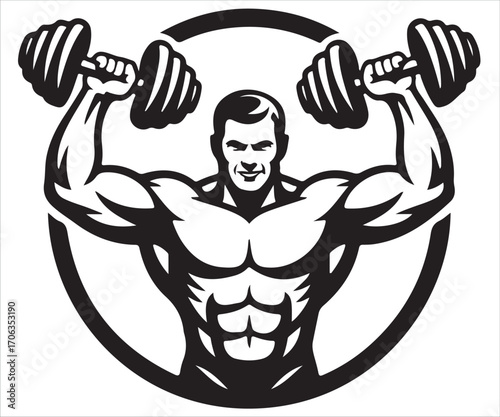 Muscular man lifting dumbbells overhead silhouette representing bodybuilding strength