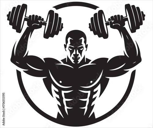 Silhouette of muscular man lifting two heavy dumbbells overhead, bodybuilding and gym workout vector illustration symbolizing power, fitness, endurance, athletic strength, sport, discipline, and healt