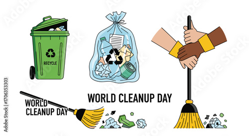 Join the global effort for World Cleanup Day uniting hands to tackle litter and foster a cleaner planet together with recycling bins and brooms, Generative AI.