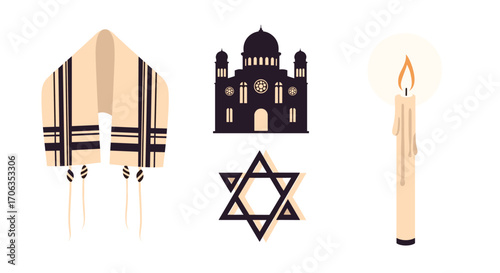 Discover rich Jewish heritage with a prayer shawl synagogue silhouette Star of David and glowing candle symbolizing faith and tradition, Generative AI.