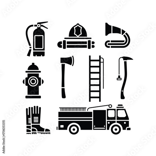 Collection of firefighter tools and equipment icons for safety and emergency services representation