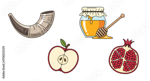 Celebrate Rosh Hashanah with symbolic shofar sweet honey crisp apple and abundant pomegranate for a prosperous New Year, Generative AI.