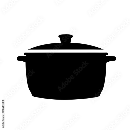 Black cooking pot with lid, used for simmering delicious meals and stews