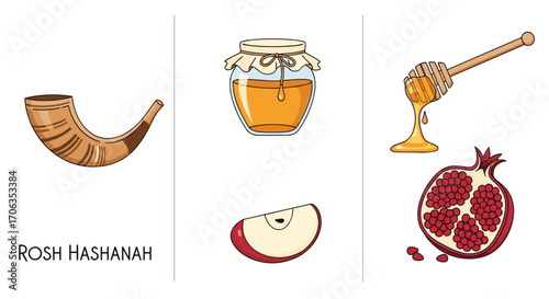 Celebrate Rosh Hashanah with symbolic shofar sweet honey crisp apple slices and abundant pomegranate for a blessed new year, Generative AI.
