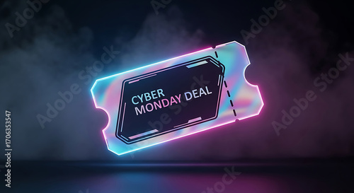 Cyber monday a futuristic ticket with the words cyber monday deal on it, glowing with neon lights, perfect for online sales and promotions during the holiday season