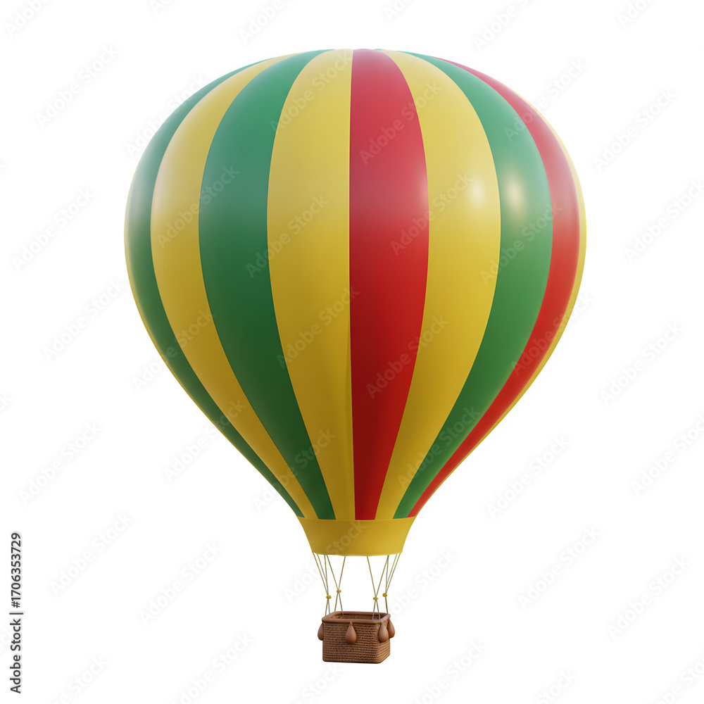 Fototapeta premium Colorful hot air balloon with red yellow green and blue stripes isolated on white or transparent background. PNG, symbolizing adventure freedom and travel with cheerful uplifting mood