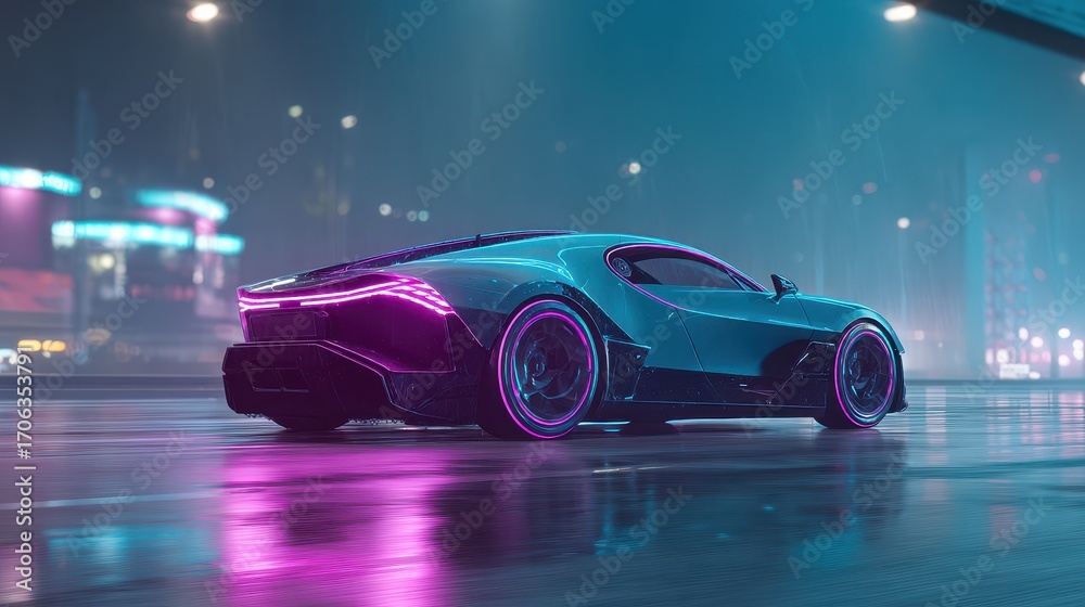 Fototapeta premium Futuristic car with neon lights parked on a wet street during a nighttime urban setting
