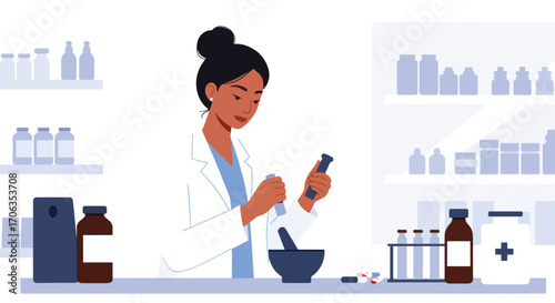 Pharmacist compounding medication with mortar and pestle