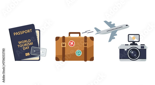 Embark on global adventures with passport luggage and camera celebrating World Tourism Day with exciting travel possibilities, Generative AI.