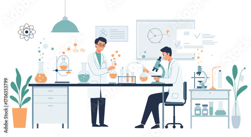 Two scientists in lab coats conduct experiments with beakers and microscopes