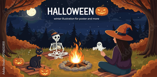 Halloween night bonfire gathering with a skeleton, black cat, and a ghost holding a marshmallow for roasting