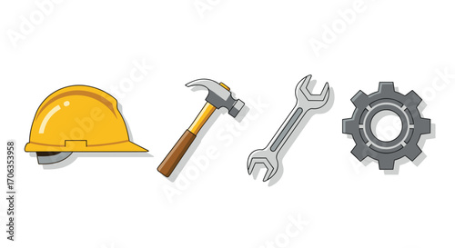 Essential tools for construction and industry including a hard hat hammer wrench and gear ready for your next project, Generative AI.