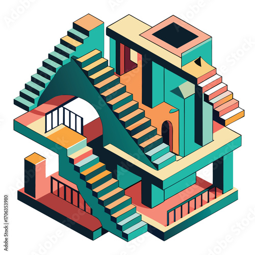 Abstract isometric building illustration stairs design architecture art abstract isometric