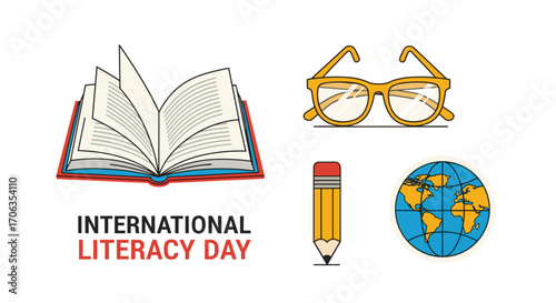 Celebrate International Literacy Day with open books glasses and a globe symbolizing global education and knowledge empowerment, Generative AI.