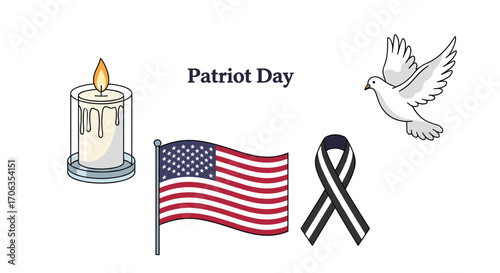 Commemorate Patriot Day with a lit candle waving American flag mourning ribbon and peaceful dove symbol of remembrance and unity, Generative AI.