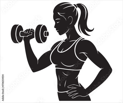 Silhouette of athletic woman lifting dumbbell symbolizing fitness and strength