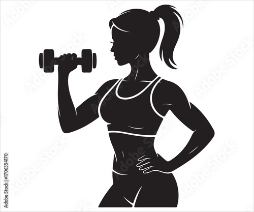 Silhouette of fit woman lifting dumbbell in workout pose, vector illustration symbolizing strength training, fitness, bodybuilding, gym exercise, healthy lifestyle, sport, endurance, discipline, and m