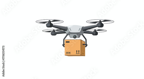 A drone carries a package using its propellers and camera
