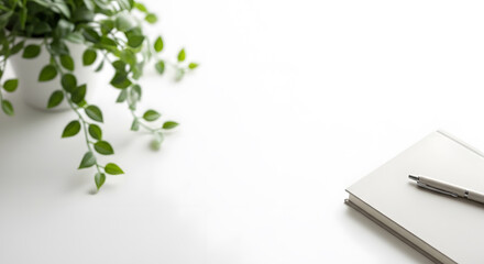 Minimalist white background with top corner with blurred hanging plant, bottom corner with closed notebook, free center