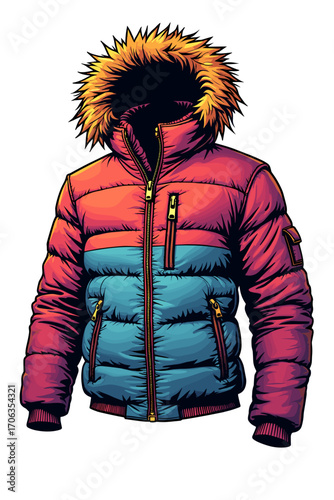 A brightly colored zip-up down jacket with a fur hood creates a stylish mood on a transparent background