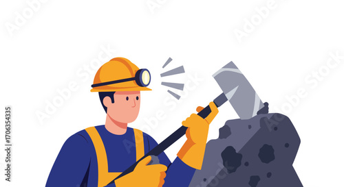 Miner in hard hat and yellow gloves uses a pickaxe to break apart rocks