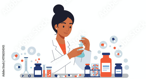 Scientist in lab coat holding test tube surrounded by pills
