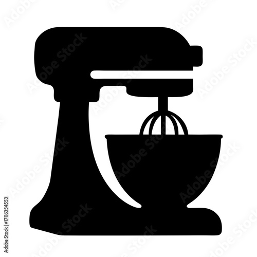 Black and white silhouette of a stand mixer with whisk attachment