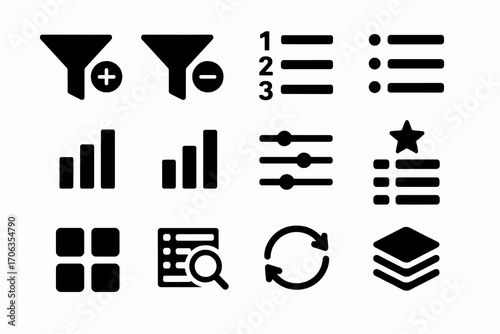 Sorting and filtering icon set. Solid vector icons of add filter, remove filter, ordered list, priority, refine and organize. Minimal UI pack.