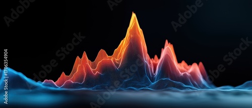 A vibrant digital representation of sound waves, featuring peaks in orange and blue against a dark background, illustrating dynamic audio visualization.
