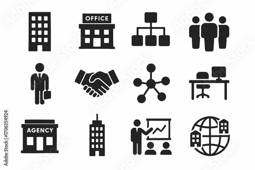 Business structure icon set. Solid vector icons of company, office, employees, workplace, hierarchy and global corporation. Corporate pack.