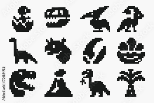Solid pixel dinosaur icons. Includes roaring T-Rex, Pterodactyl, Brontosaurus, volcanic rock and prehistoric plants. Minimal pixel art vector set.