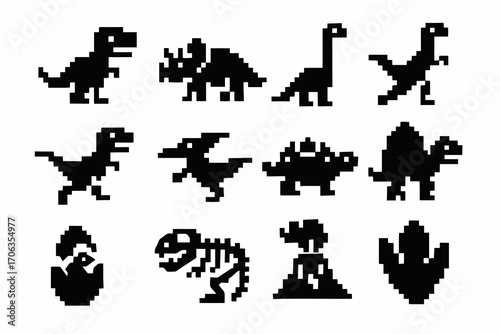 Solid pixel icons of dinosaurs. Includes Brachiosaurus, Pterodactyl, Ankylosaurus, Spinosaurus, footprint and cracked egg. Minimal pixel art collection.