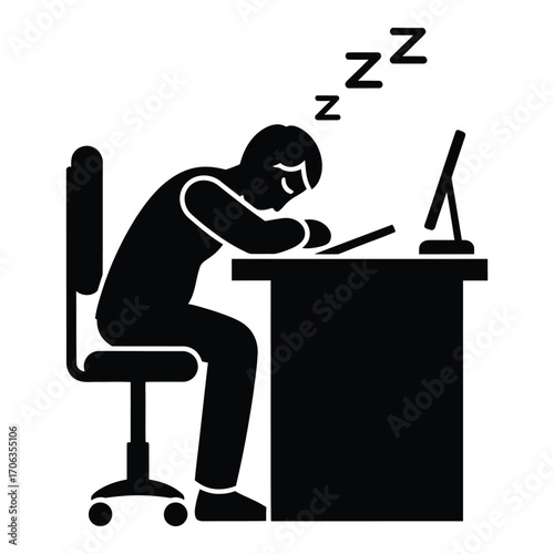 Tired person sleeping at desk computer work exhaustion burnout overwork concept icon silhouette