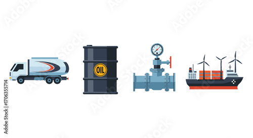 Powerful energy industry icons featuring truck oil barrel pipeline gauge and cargo ship with wind turbines, Generative AI.