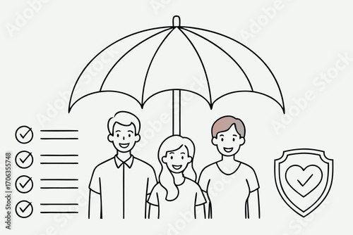 Family insurance illustration showing a family of three standing under an umbrella isolated on white background