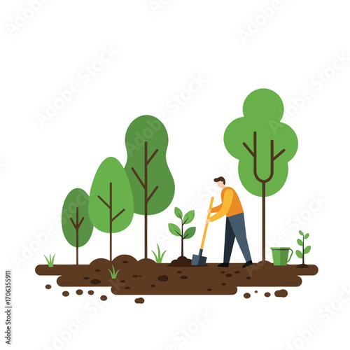 Person planting a sapling with trees and a bucket