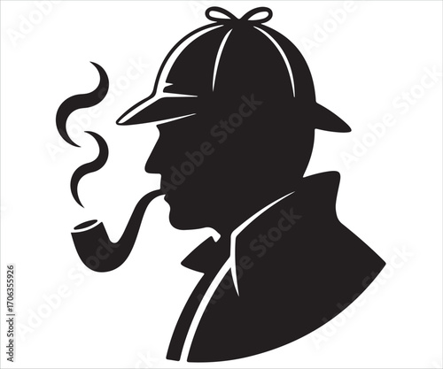 Silhouette of detective in hat smoking pipe, mystery investigation symbol vector illustration representing crime solving, intelligence, analysis, classic detective work, literature, secrecy, and inves