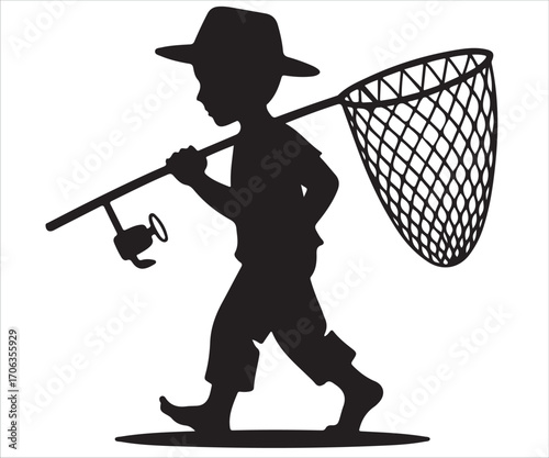 Silhouette of boy carrying fishing net walking outdoors in rural countryside