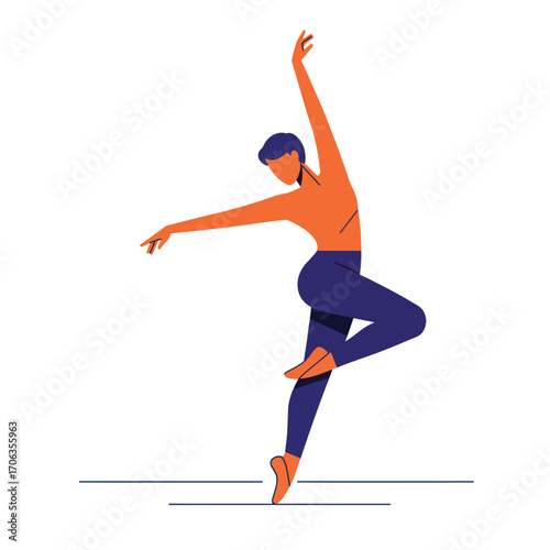 Stylized dancer in orange top and blue leggings on white background
