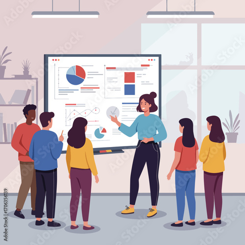 Group attending presentation with data charts on a whiteboard