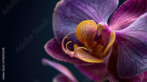 Captivating close-up of a purple orchid blossom on a dark background showcasing delicate details