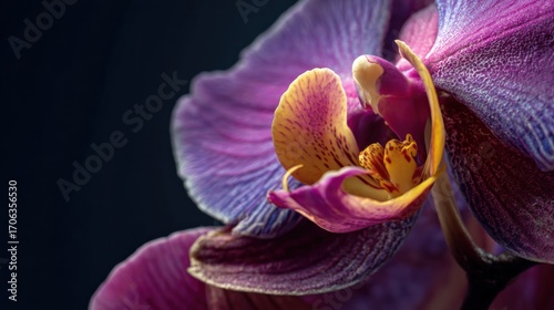 Close up of vibrant purple orchid blossom with intricate petal details and textures
