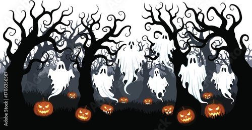 Spooky halloween night scene with ghosts pumpkins and dark trees in a forest