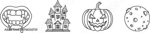 Halloween icons featuring vampire mouth haunted house pumpkin and full moon