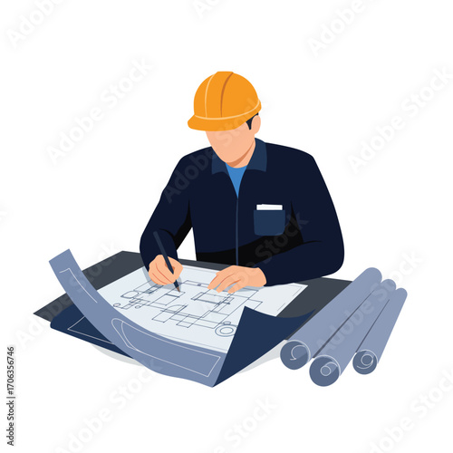 Engineer in hard hat drawing blueprints at a desk